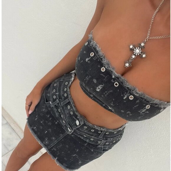 Outcast Mini Skirt  and Crop Top Set Denim Black Wash - Size Small - Picture 3 of 3